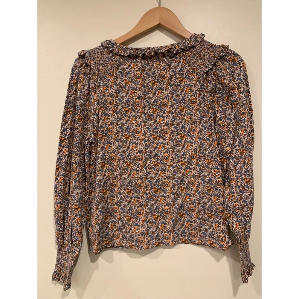 Boden‎ Womens Floral Smocked V-Neck Top Size 6 Orange Blue Ruffle Cotton Jersey